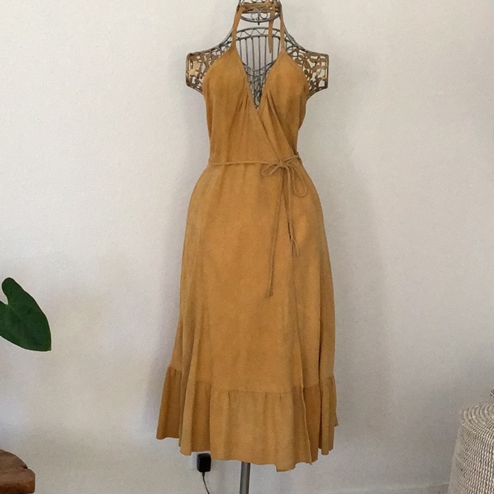 Custom made doe skin suede wraparound dress.